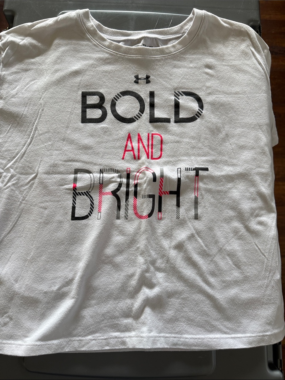 Under Armour White Tee with Black and Pink "Bold and Bright" Graphic